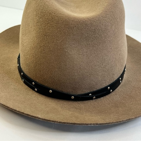 Rag & Bone Tan Fedora Hat Black Leather Band Silver Metal Studs Medium Wool - Picture 4 of 8